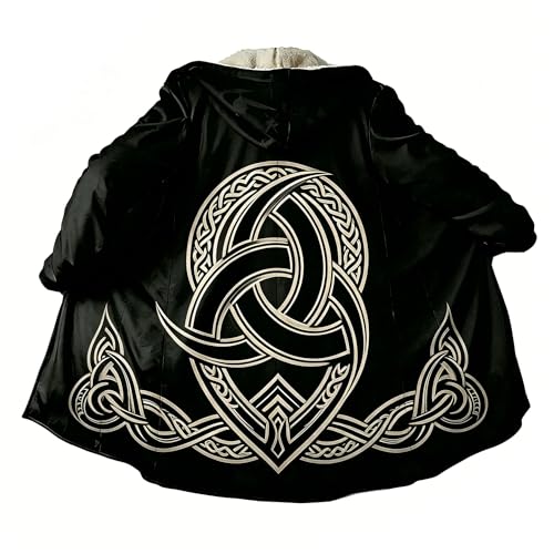 Image of Viking Mythology Mens Hooded Cloak Nordic Faux Cashmere Hoodie Winter Warmer Overcoat Mid-Length Parka Jacket