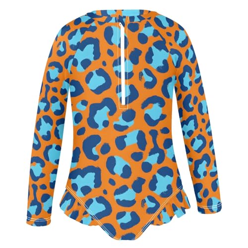 Orange Blue Leopard Pattern Girls Long Sleeve Swimsuit Rash Guard One Piece Bathing Suits Zipper 3-12T2
