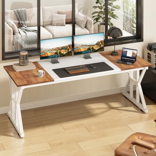 Image of 63 inch Large Computer Desk with Thickened Frame for Home Office, Living Room | Modern Simple Executive Desk, Larger Gaming Desk with X-Shaped ReInchforcement, Brown /White