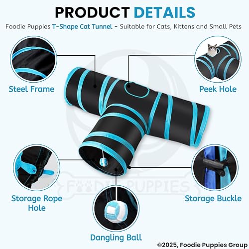 Image of Foodie Puppies Interactive Lightweight Foldable T-Shape Tube Hiding Tunnel with Hanging Ball - Perfect for Small Cats, Kittens, Rabbits and Guinea Pigs (Blue Black)