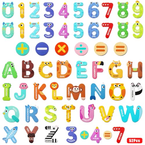 Image of Cocurb 52 Pcs Magnetic Letters &Numbers Fridge Magnets, Colorful | Fridge Magnets for Age 1-3 to Refrigerator, Learning Toys with Colorful Animal ABC Cardboard, 20 Numbers and 6 Math Symbol