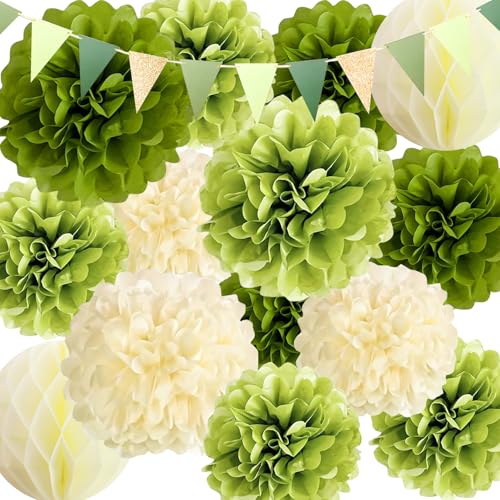 12 Piezas Diferentes tamaños Flores Papel Verde y Beige con 2 20cm Bolas Panal y 1 Bandera de Colores,Pompones Papel de Seda,Decoración Boda,para baby shower, actividad