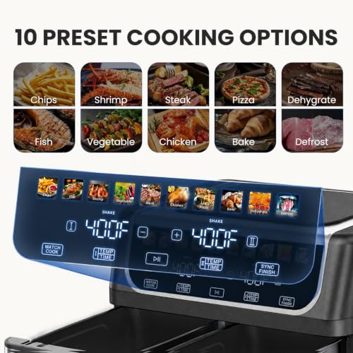 Image of OLIXIS Dual Air Fryers with 2 Baskets 9.5 Quarts Large Airfryer 10-in-1 | Independent Temp Control 80-450F, Ceramic Crisper Plate, Sync Setting, Shake Reminder, Bake Broil Defrost Dehydrate, Black