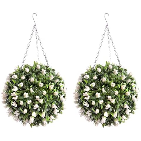 Pair of Best Artificial TULIP Flower Balls Lush Long Leaf Topiary Grass (28cm, White) Cover