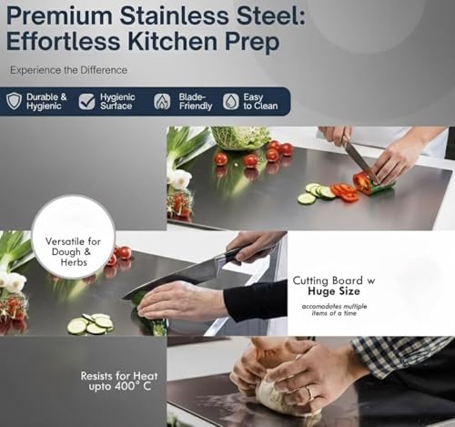 Image of Premium Countertop Stainless Steel Chopping Board 35.5 x 31 cm | Food Grade, Rust-Free, Non-Slip Cutting Board | Round Edge, Counter Top, for Vegetables, Meat, Fish, Fruits, Kitchen Use