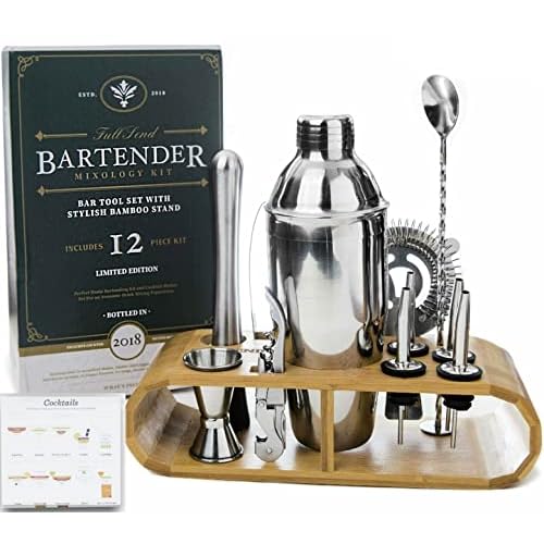 Cocktail Shaker Bartender Kit by Full Send! 12 PC Bar Tool Set with Bamboo Stand, Martini Shaker and Bar Tools – Drink Mixer, Muddler and More! Barware Cart Accessories, Bartending Mixology Supplies