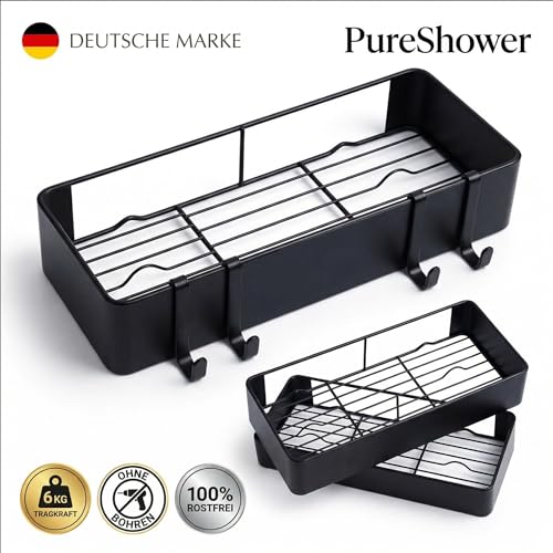 PureShower Badregal ohne Bohren, 2-teiliges Duschregal aus rostfreiem Metall, matt schwarz, selbstklebende Wandbefestigung mit 4 Haken, stabile Aufbewahrung für Bad und Küche (bis zu 6 kg)