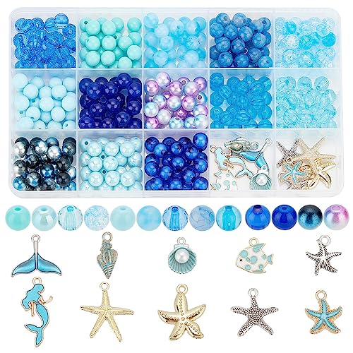 PH PandaHall 345 Stück Bastelperlen Blau Für Auffädeln, Ozeanperlen Charms Muschel Seestern Meerjungfrau Charms Anhänger Für DIY Armbänder Halsketten Ohrringe Schmuckherstellung Party