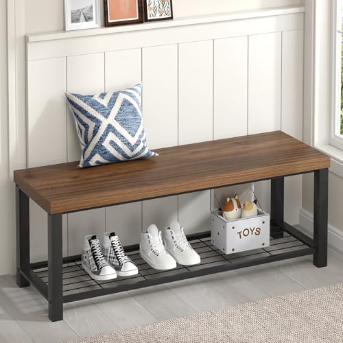 FOLUBAN Shoe Bench Modern Wood and Metal Storage Bench for Entryway Hallway Industrial Indoor Bedroom Bench Seat for Living Room Mudroom Rustic Walnut 47 Inch
