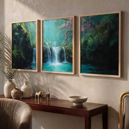 Image of kotart Abstract Nature Art Framed Paintings | Big Aesthetic Waterfall View Painting | Vastu Frames for Bedroom Living Room Wall Decor Set Of 3 (14x20 Inch)