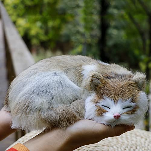 Simulation Furry Sleeping Cat Figurine Realistic Kitten Home Office Shelf Decorative Statue, Synthetic Fur Pet Replica, Stuffed Animal, Photo Props, Collectible Gift (Brown) #TOP3