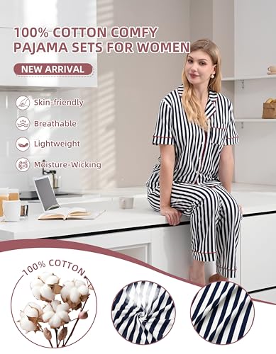 Image of NAP BOUND 100% Cotton Women's Pajama Sets Short Sleeve Button Down Soft Pjs 2 Piece Lounge Set with Pocket Nightwear XS-XXL