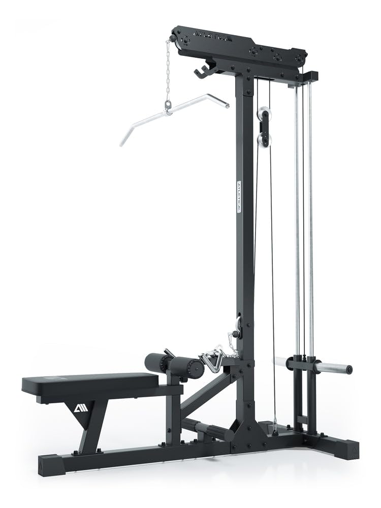 ATLETICA Latzug mit Ruder-Station, Plate-Loaded, Studioqualität | Führungsstäbe aus Vollstahl, Hartchrom-Griffe inklusive, 224cm Höhe