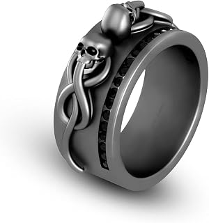 0.30TCW Black Onyx Gothic Skull and Snake Wedding Band Unisex Skull Band Gun Metal Finish 925 Silver