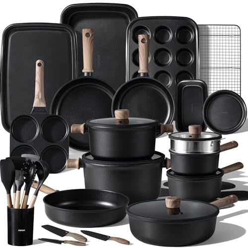 CAROTE 44pcs Nonstick Kitchen Cookware Sets, Nonstick Pots and Pans, Induction Cookware Set Kitchen Cooking Sets, Non Stick w/Frying Pan,Black
