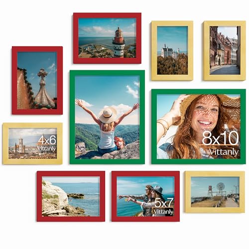 Image of Vittanly Picture Frames Set of 10, Picture Frames Collage Wall Decor with Two 8x10, Four 5x7 and Four 4x6 Photo Frames, Gallery Wall Frame Set for Wall or Tabletop Display, Green, Red and Gold