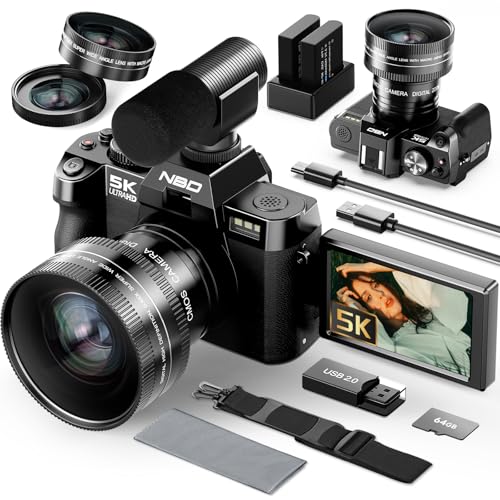 NBD 5K Digital Cameras for Photography,64MP Camara Fotograficas,Travel Vlogging Cameras for YouTube with 180°Flip Screen,16X Digital Zoom,52mm Macro Lens,2 Batteries,64GB TF Card(Black)