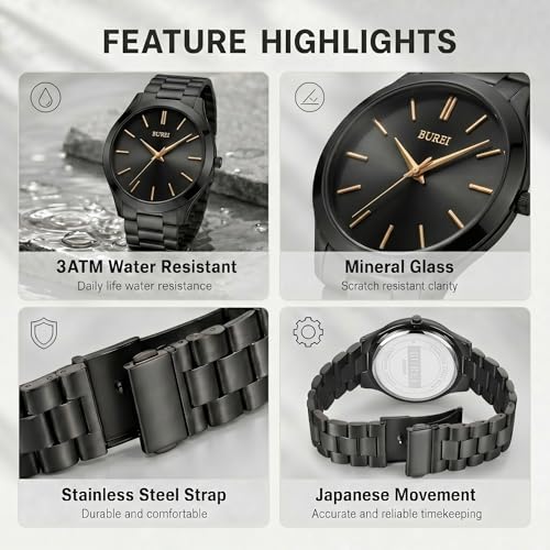Image of BUREI Men's Wrist Watch, Analog Stainless Steel Dress Waterproof Quartz Watch for Men with Japanese Movement,Refined Gifts for Men, Boyfriend, Husband, Dad