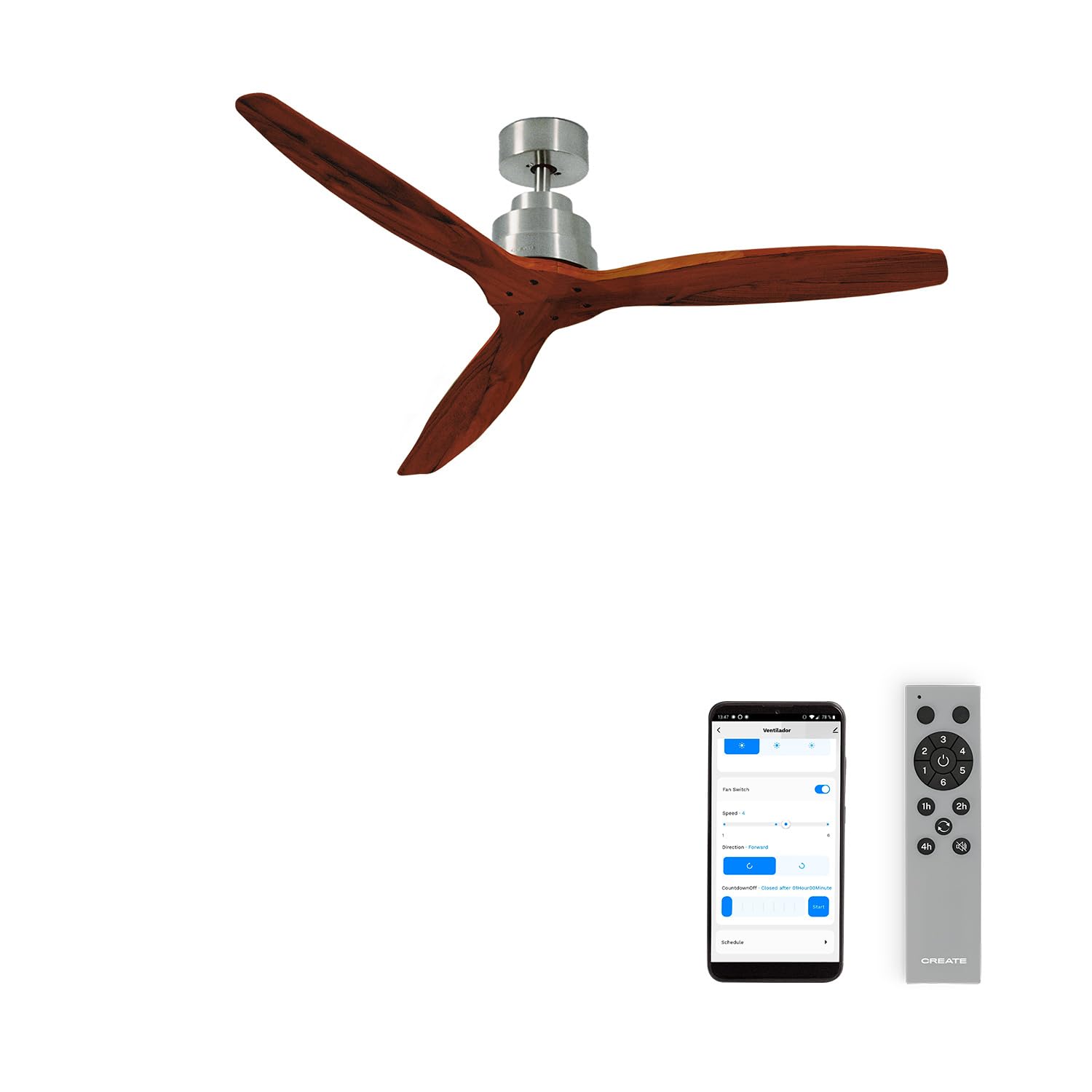 CREATE/WINDCALM DC/Plafondventilator met licht DC-motor nikkel donkerhouten messen/Stil, 2 hoogtes, timer, met WIFI