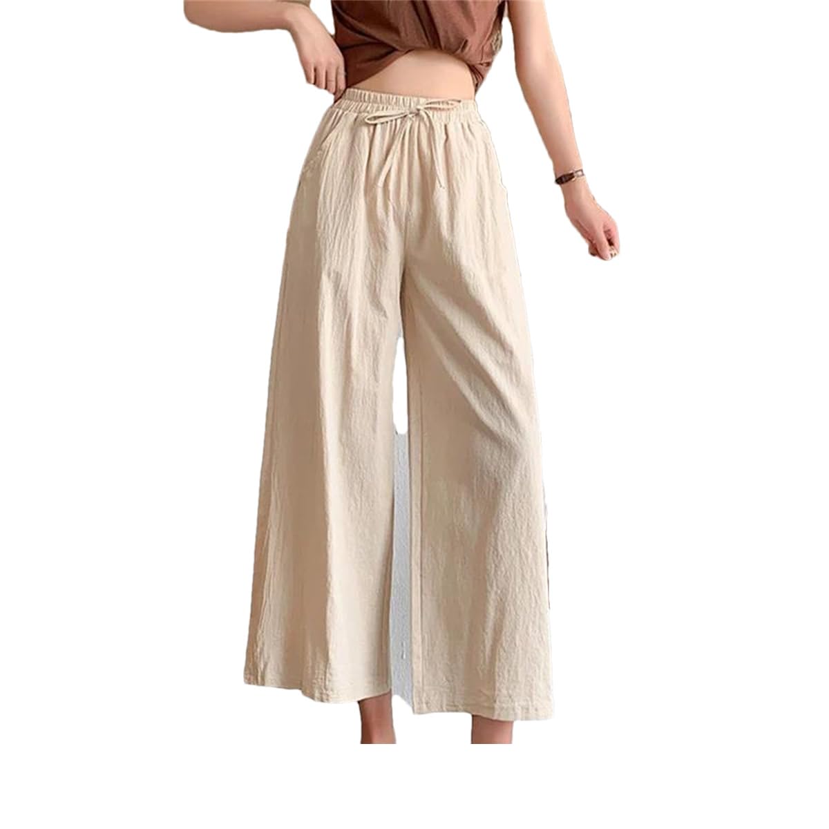 Dcvmvmn Women Spring Summer Wide Leg Cotton Pants Casual Loose Ealstic Waist Wide Leg Calf-Length Pants Trousers