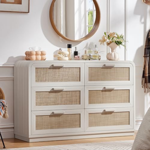 Image of LEYAOYAO Rattan 6 Drawer Dresser for Bedroom, Grey White | Modern 49 inch Wide Curved Dressers & Chests of Drawers with Solid Wood Handle & 5 inch Deep Drawers & Anti-Tip Safety