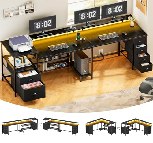Furologee 110 Inch 2 Person Desk, Long Two Person Gaming Desk with 6 Drawers & Storage Shelves, 66 Inch L-Shaped Desk with Power Outlets, LED Lights, Corner Table for Home Office, Black