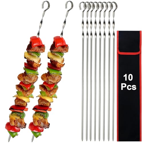 SHIKORI 17 Stainless Steel Skewers for Grilling,Kabob Skewers,Flat BBQ Barbecue Skewer,Grilling Skewers Set,Reusable BBQ-Spiral 10 Pcs