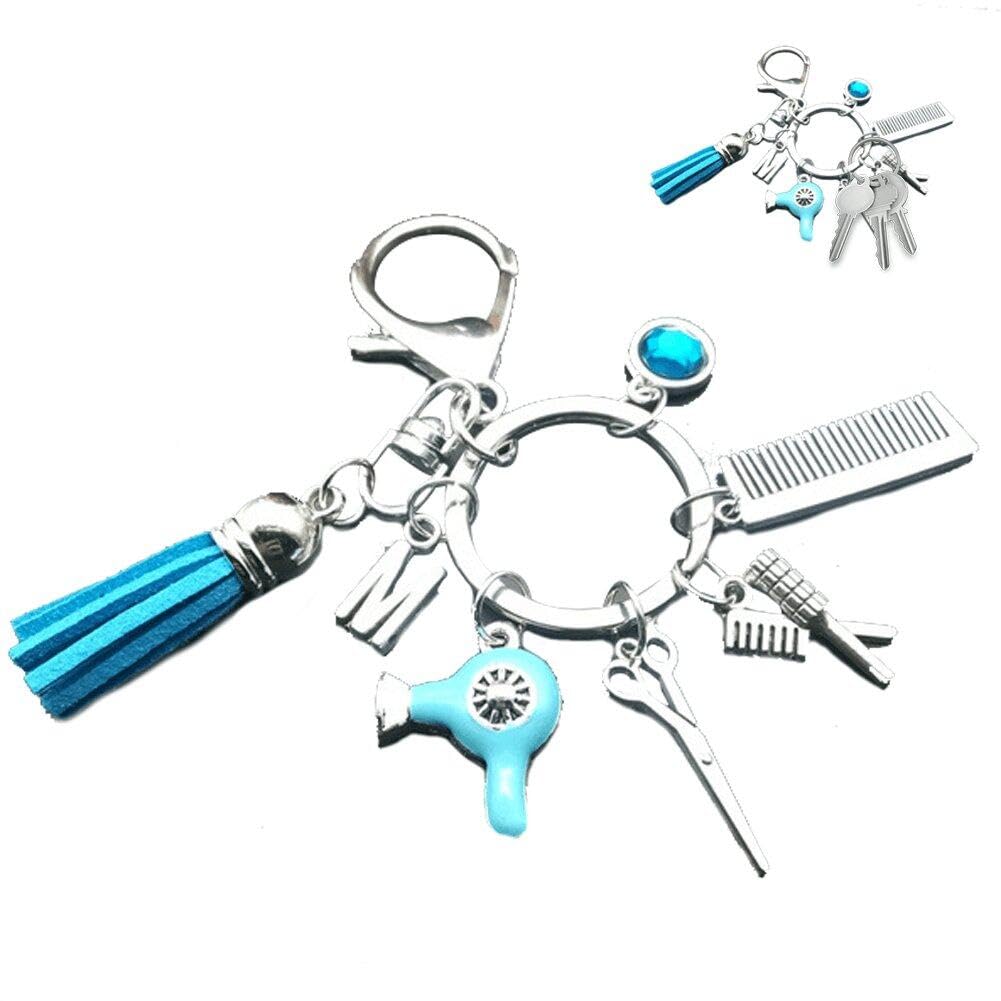 Casiler Blue Hairdresser Key Pendant Hair Dryer Combs Scissors Pendant Keychain Bag Hanging Ornament For Hairdresser Barber
