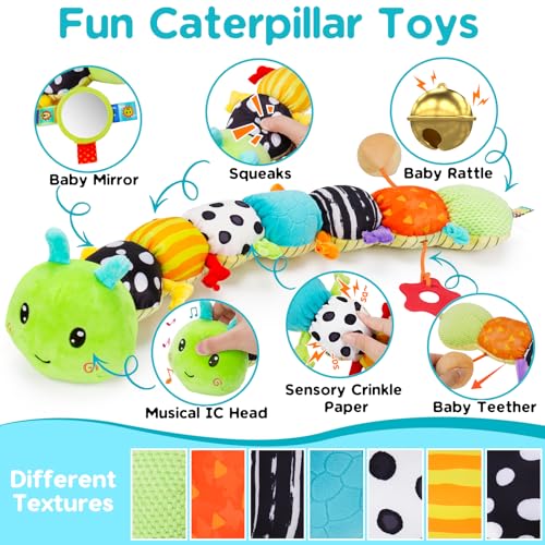 Baby Spielzeug 0 3 6 Monate Musical Raupe Kuscheltier mit Greifling Rassel Baby Spiegel Spielzeug, Baby Stofftier Sensorik Spielzeug, Neugeborenes Junge Mädchen Kinder Weihnachten Geschenk