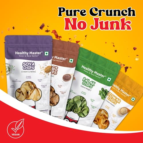 Image of Healthy Master Chips Combo | Pack of 4 (100g each) | (Soya,Palak,Jowar,Ragi ) | Light & Crispy Chips, high protein | Natural ingredients, Vegan, Gluten Free, No Palm Oil, No Artificial Preservatives, Trans Fat Free, Low Calorie