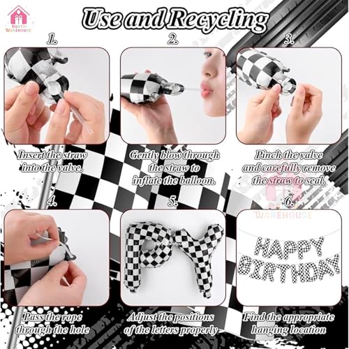 Image of Party Warehouse Happy Birthday Foil Balloon Banner-Black & White Checkered Racing Theme Letter Balloons|Car & Speed Inspired Birthday Decoration for Kids,Teens & Adults|Air Fill Hanging Decor-16 inch