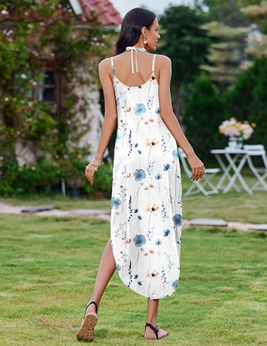 Image of Zeagoo Womens Summer Dress Floral Print V-Neck Sleeveless Dress Beach Vacation Clothes Petite Maxi Dress White Floral XXL