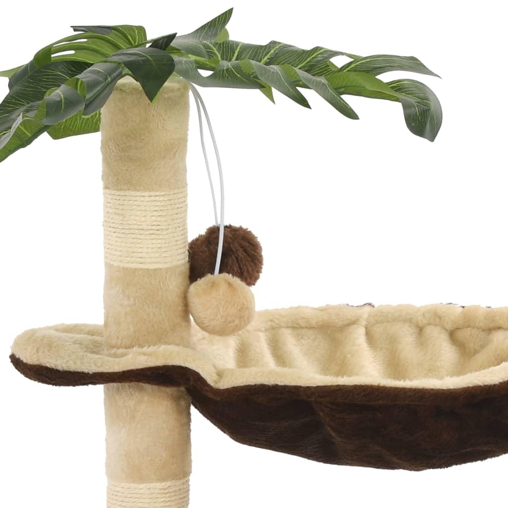 Katzenkratzbaum mit Sisal-Kratzstange 50 cm Beige Braun, Kleiner Katzenbaum mit Kuschelbett, 2 hängenden Bällen und 3 Blättern, Stabile Basis für Hauskatzen