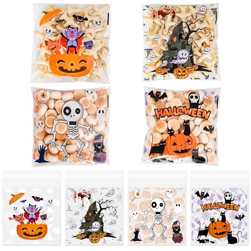 ZYLOP Self-Sealing Halloween Cookie Bags - 100pcs 4x4 Inch Clear Self Adhesive Halloween Cellophane Treat Bags Plastic Goodie Snack Bag for Trick or Treat Party Favor Supplies Gift Wrapping 4 Style