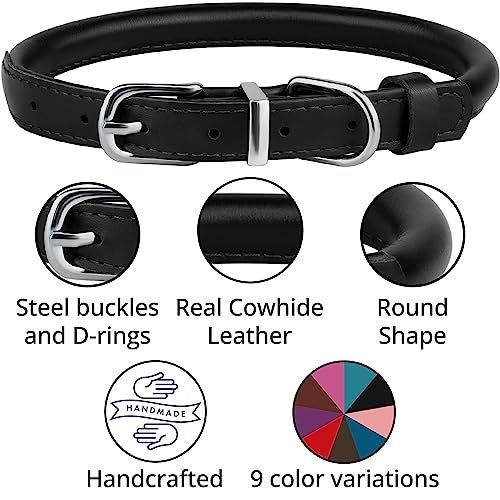 Bronzedog Rolled Leather Dog Collar For Small Medium Large Dogs With Qr Id Tag (M: 14-16 Inch, Glossy Black) #TOP2