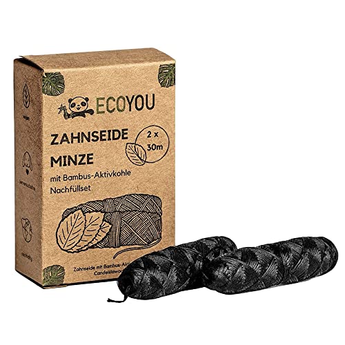EcoYou Hilo dental sostenible de carbón activado de bambú en botella de vidrio reutilizable y libre de plástico, vegano y resistente al desgarro con sabor a menta, limpieza dental ecológica (negro)