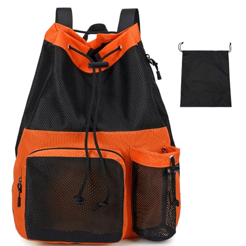 Lohol Large Mesh Drawstring Backpack with Shoe Bag, Durable Swimming String Sack with Handle for Sports Gym Yoga Beach Travel (Orange)
