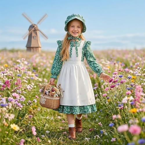 Disfraz Colonial de Pionera para Niñas con Vestido Floral y Capota miniatura 2