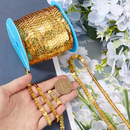 SOFPLATE 100 Yards Gold Sequin Trim 6mm Flat Sequin Strips Metallic Sequin Strand Fabric Paillette String Holographic Glitter Sequins for Crafts Sewing Dress Costume Headband Fringe Embellishments - Image 3