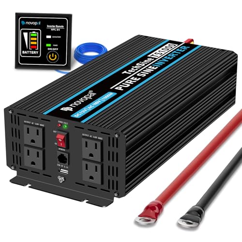 Image of NOVOPAL 1000W Pure Sine Wave Inverter, 12V DC to 110V/120V AC Car Power Converter, DC-AC Power Inverter with 4 Outlets, High-Power Terminals - 16ft Remote Control, LCD Display.
