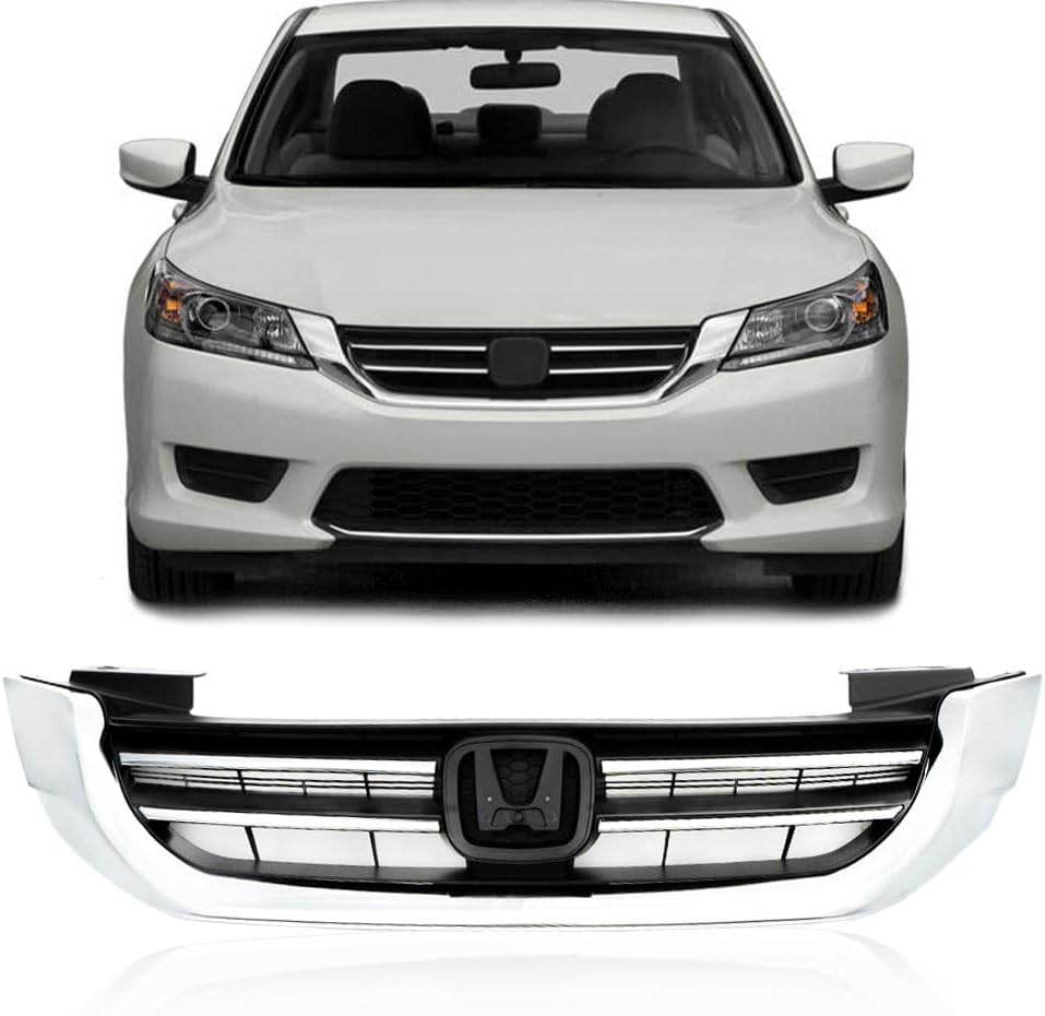 G-PLUS Front Bumper Upper Hood Grille Compatible with Honda Accord Sedan 2013 2014 2015 Replacement Black & Chrome Grill 71121T2FA01, HO1200214