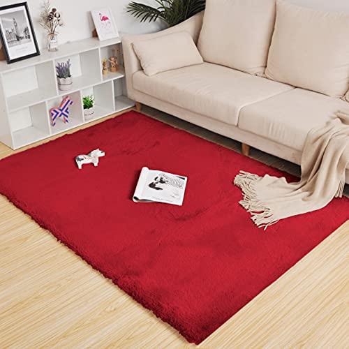 Image of Luxe Home Rabbit Fur Soild CarpetSuper Soft, Anti-Slip, Washable, Rectangle, for Livingroom Rug, in Bedroom Rug (Maroon, 4x6 Feet)