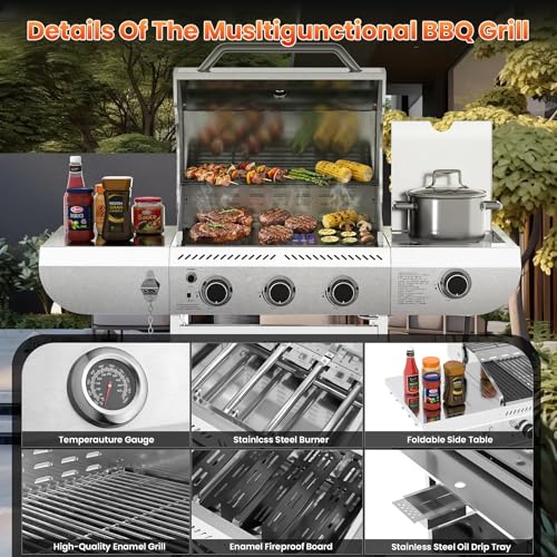 Image of COWSAR Premium 3-Burner 34,000 BTU Propane Gas Grill with Side Burner