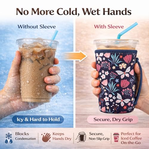 Image of KJQJLY 3 Reusable Iced Coffee Sleeves for Iced Coffee Cups or Drinks Reusable Neoprene Insulated Sleeves for Hot and Cold Drinks from Starbucks, Dunkin, And More (Butterfly Bush)