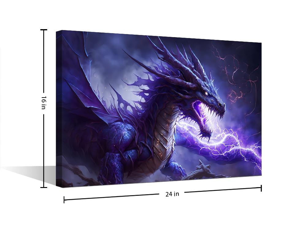 Purple Dragon Paintings Wall Art 1 Panels Purple Dragon with Lightning in the Clouds Paintings for Wall Decorations Dragon Wall Prints Giclee Print Gallery Packaging Artwork Ready to Hang 16"Wx24"H - Image 2
