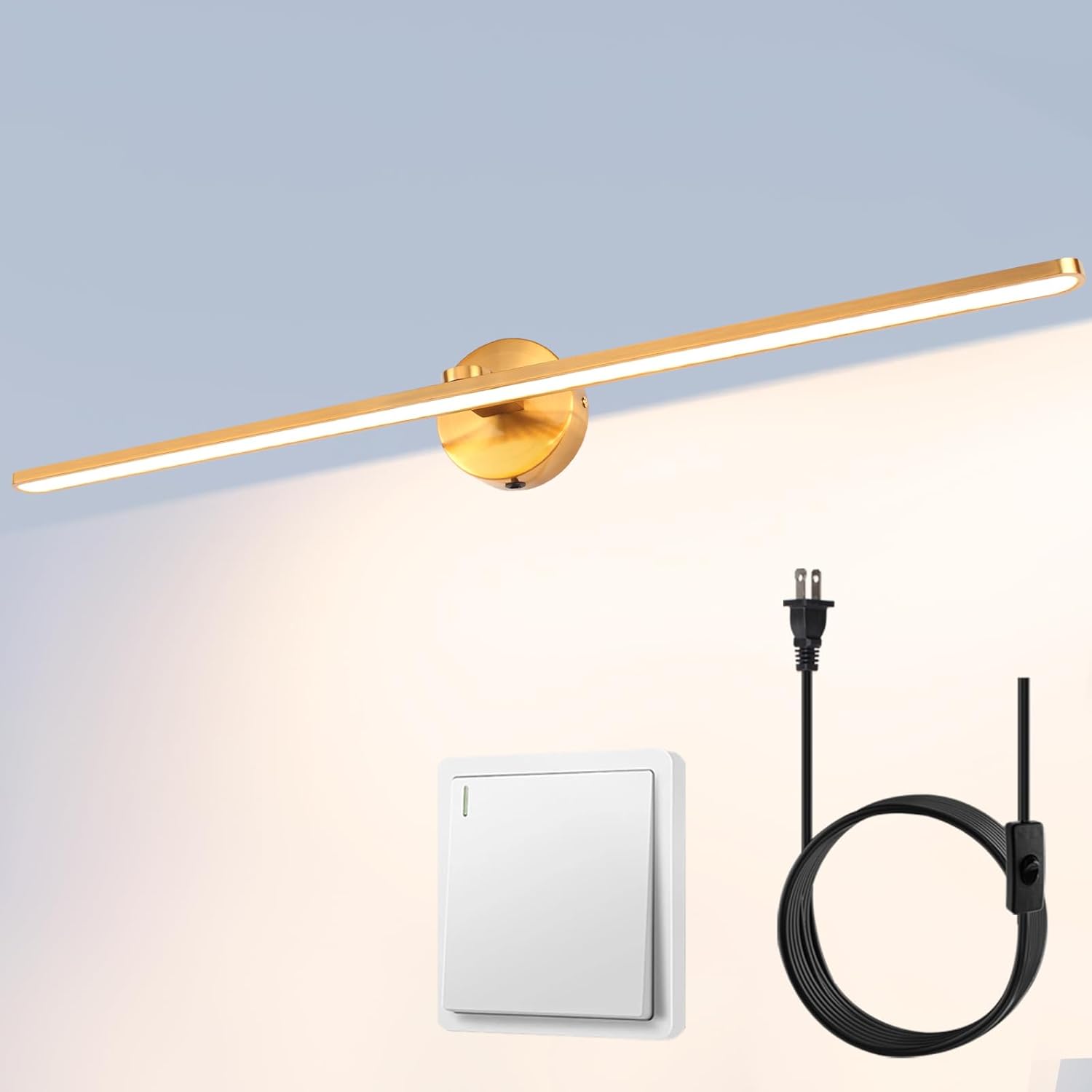 MantoLite 32'' Picture Lights for Wall?Vanity Lights for Bathroom,Plug-in or Hardwired,18W 3000K LED No-Dimmable Modern Bathroom Lighting Fixtures Over Mirror and Wall Lights for Bedroom(Brass) Yellow 80cm