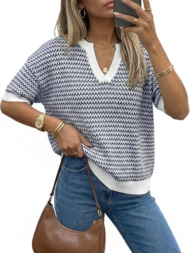 Arach&Cloz Women's 100% Cotton Short Sleeve Sweater Polo V Neck