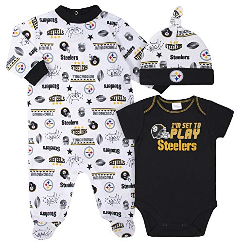 Image of Gerber NFL Pittsburgh Steelers 3 Pack Bodysuit Sleep n Play Footie Cap Registry Gift Set, black/white Pittsburgh Steelers, 3-6M