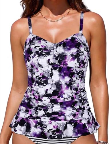 Image of Hilor Women's 50's Retro Ruched Tankini Swimsuit Top with Ruffle Hem