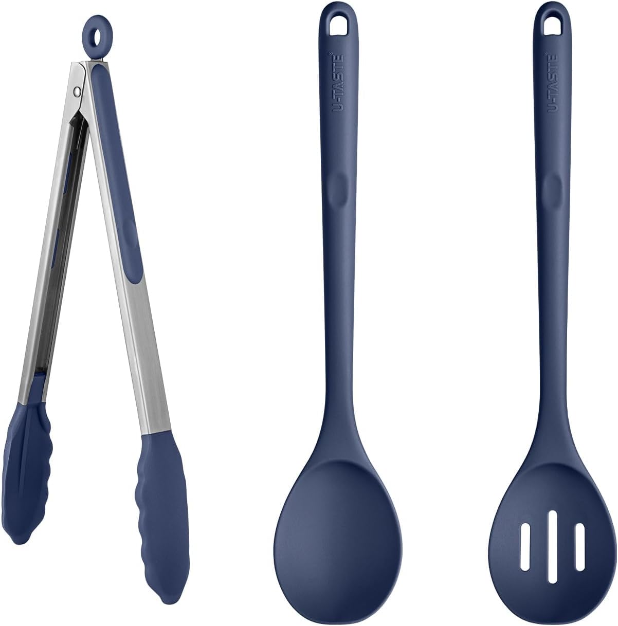U-Taste 600℉ Heat Resistant BPA Free Non Stick Firm Cooking Tongs (12in), and 600℉ Heat Proof Long Non-Scratch Silicone Solid & Slotted Cooking Spoon for Mixing (Set of 2), Midnight Blue